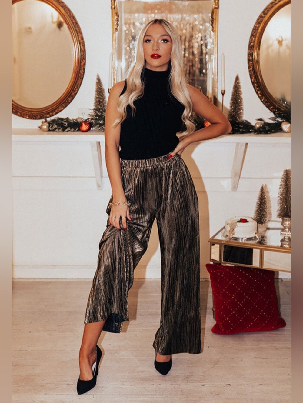Mark Metallic Bronze Pleated Wide-Leg Pants  Women's Medium (8-10) Festive Party